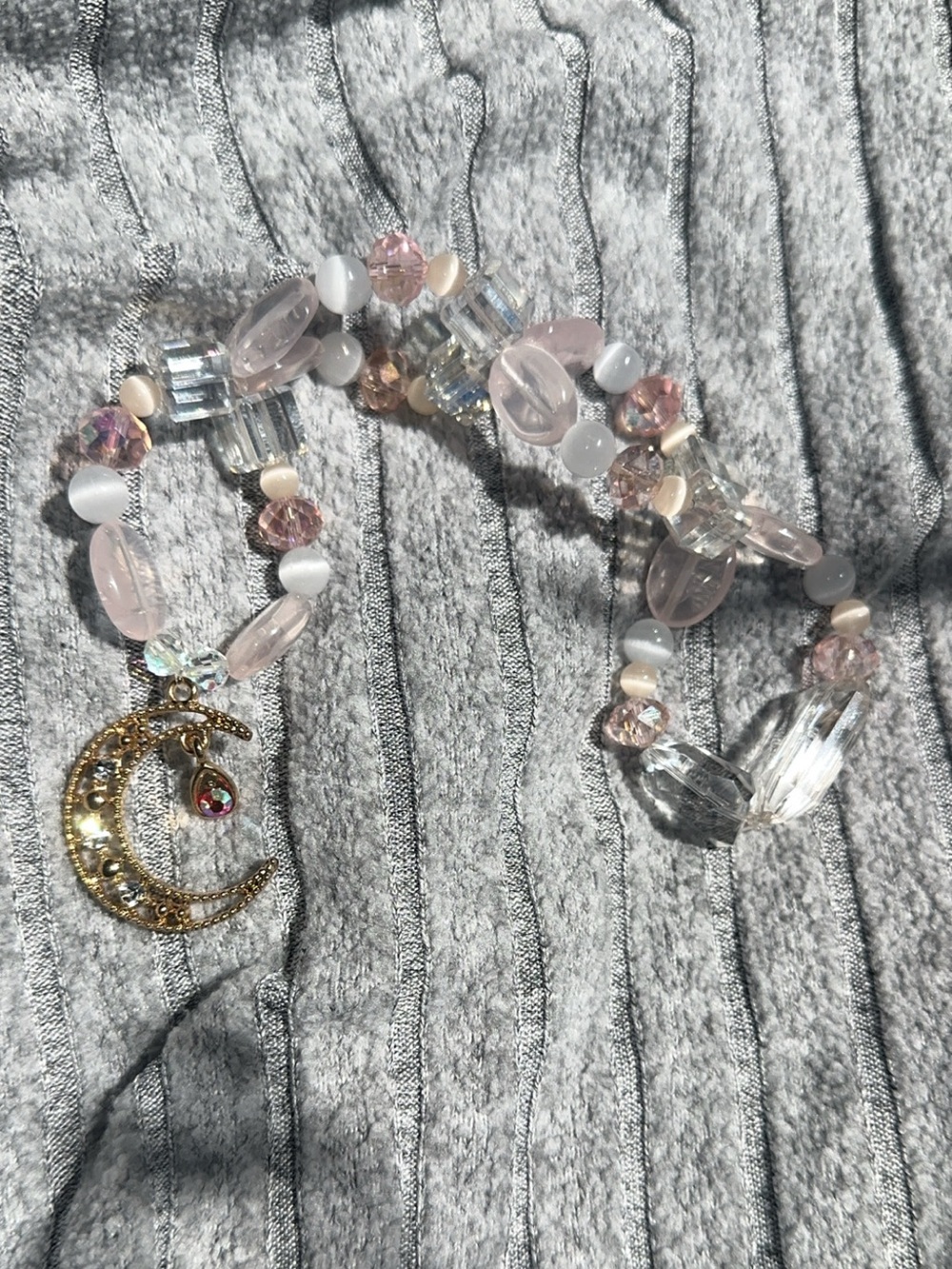 Fairy Sugar Moon HangCharm (Rose Quartz, White Cat’s Eye And Iridescent Crystals